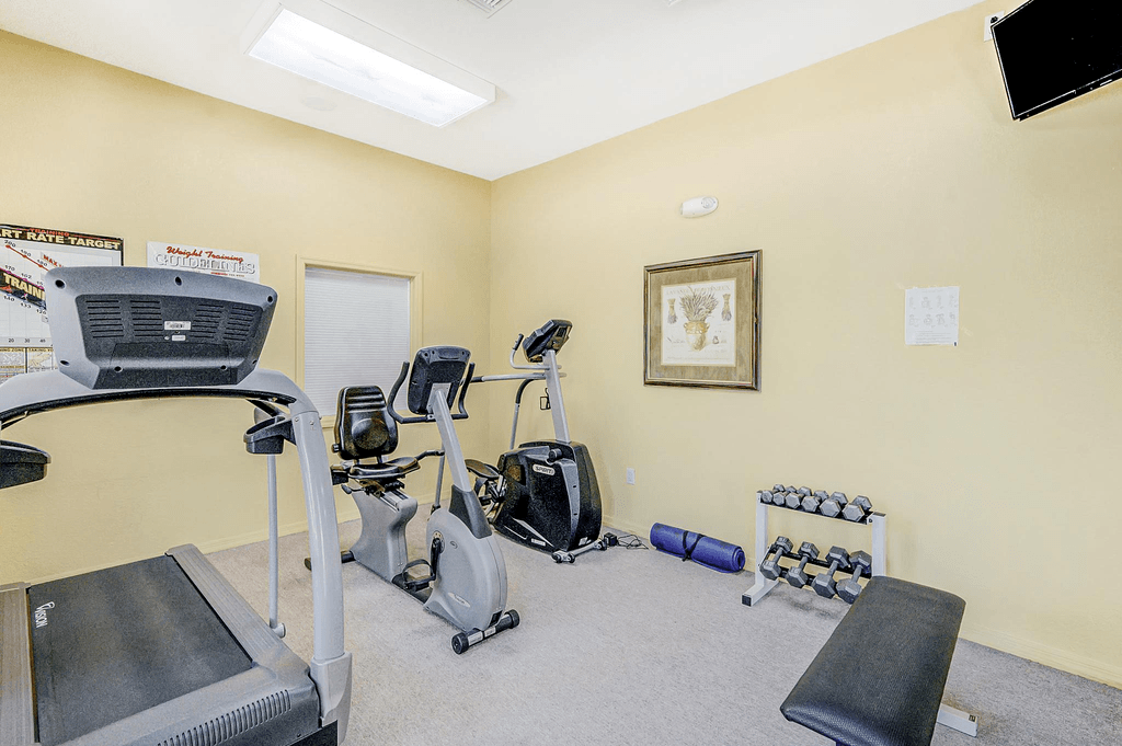 Fitness center equipped with multiple exercise machines, dumbbell free weights, yoga mat, and window in background